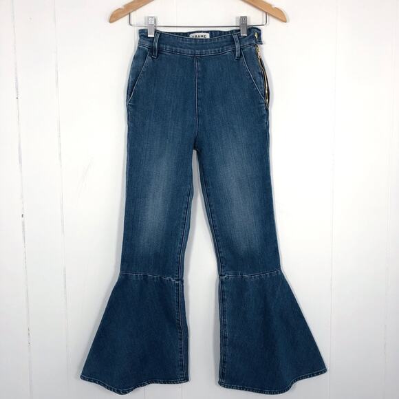 Frame Denim Flounce Flare Jean Crop High Rise Size 24 Copeland Blue Medium Wash - Picture 4 of 16